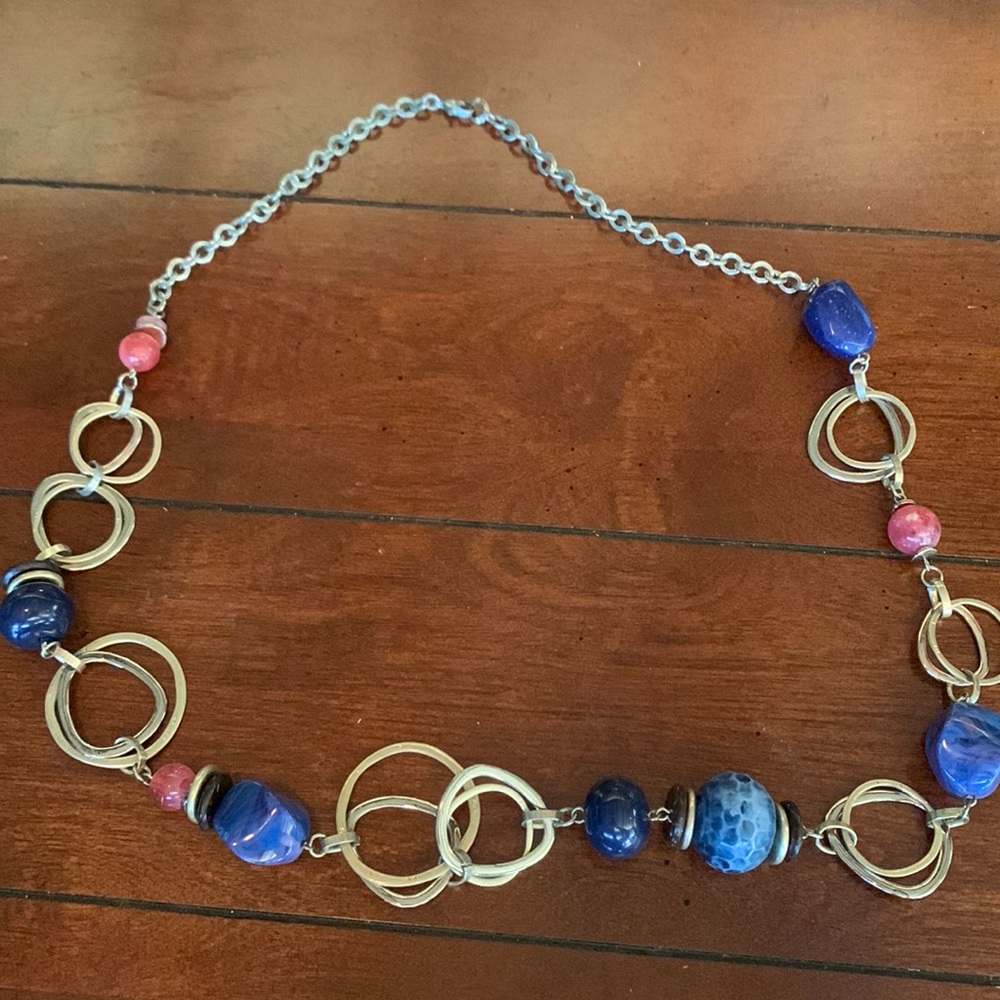 Blue & pink beaded silver link necklace
